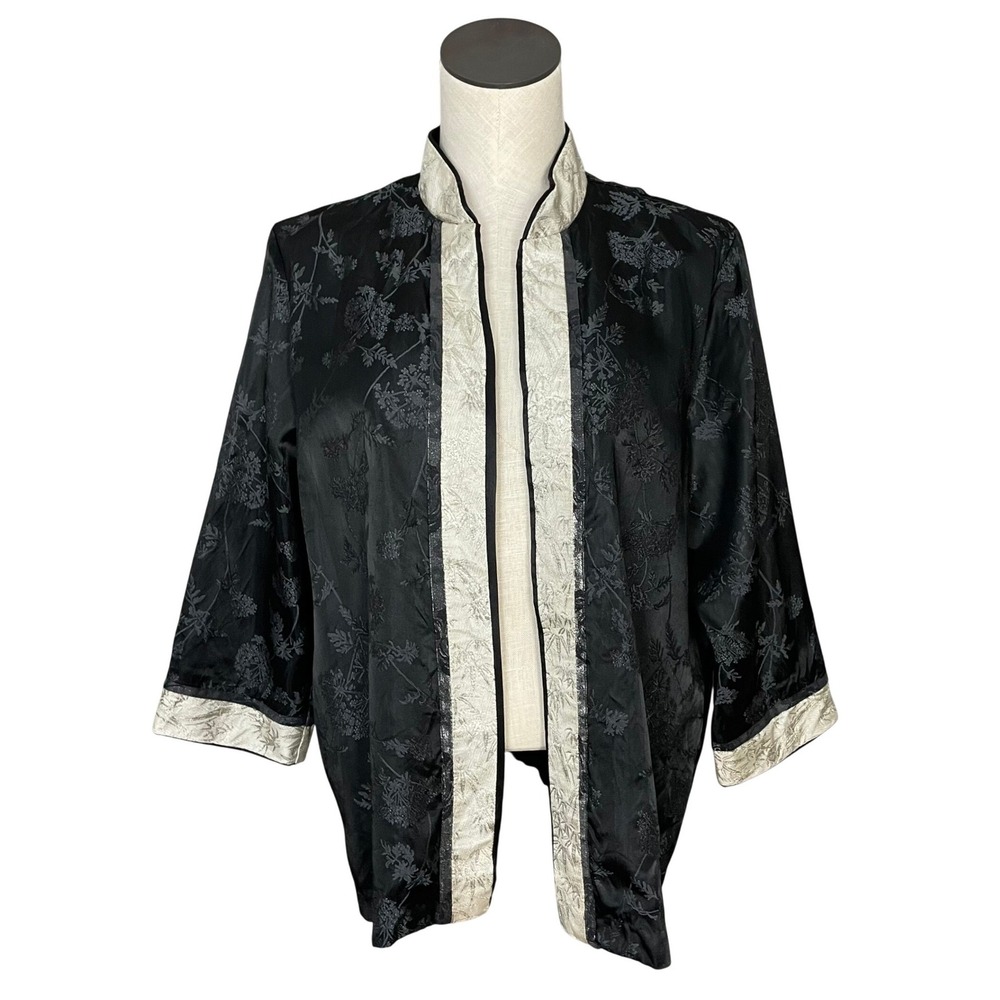 Vintage Silk Jacket Asian-Inspired Open Front Bamboo Floral Retro Y2K Women